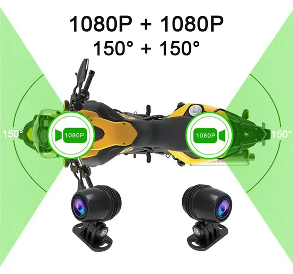 Dubbel 1080p-kamera för motorcykel med wifi och GPS, 64 GB, svart