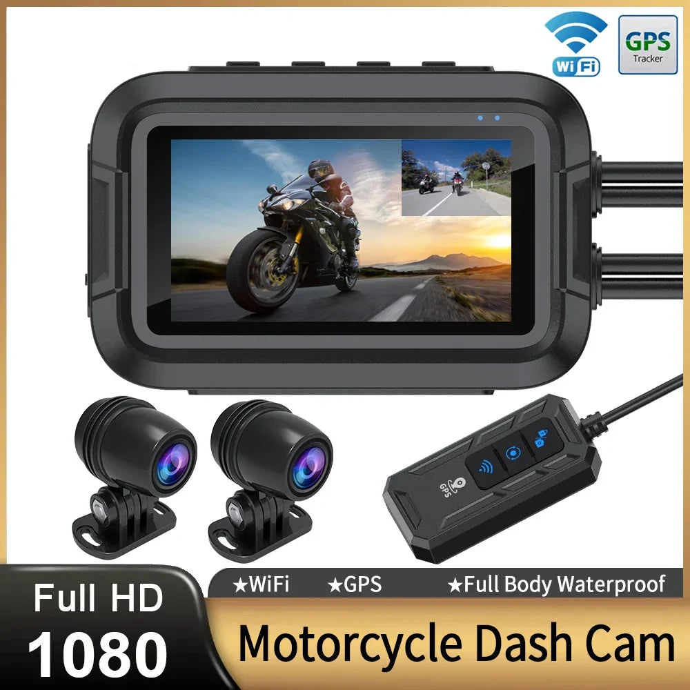 Dubbel 1080p-kamera för motorcykel med wifi och GPS, 64 GB, svart
